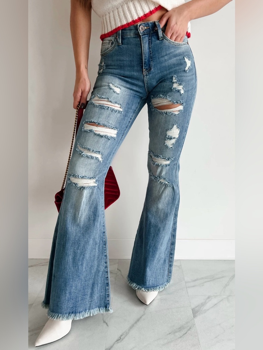 Special A~High Rise Distressed Tummy Control Flare Jeans